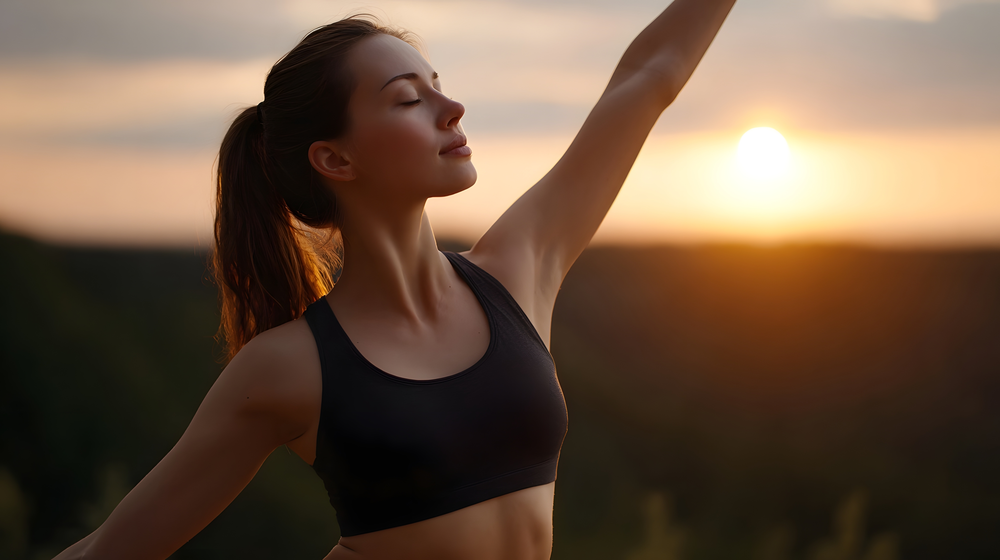 Preview image of a woman stretching at sunrise